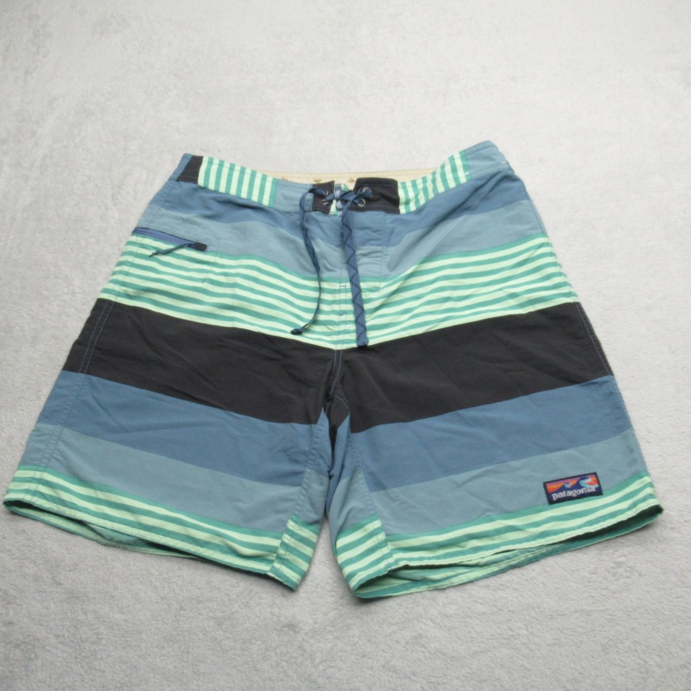 Patagonia Wavefarer Boardshorts Mens 34 Blue Green Striped Pocket Lace Up Beach‎